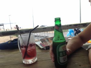 Non-alcoholic cranberry and soda on the left, Taiwan Beer on the right. Guess who ordered what.